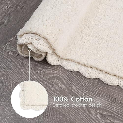 Laura Ashley Heathered Crochet Border 100% Cotton 20" x 32" Skid-Resistant Bath Rug, Ivory thumbnail 4