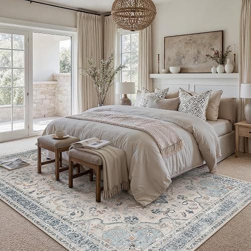 PureCozy Blue Area Rug 8x10 Living Room Vintage Floral Non-Slip Carpet | Machine Washable, Soft, Low Pile, Distressed, Large for Bedroom, Dining Room, Office, Retro Neutral Decor thumbnail 3