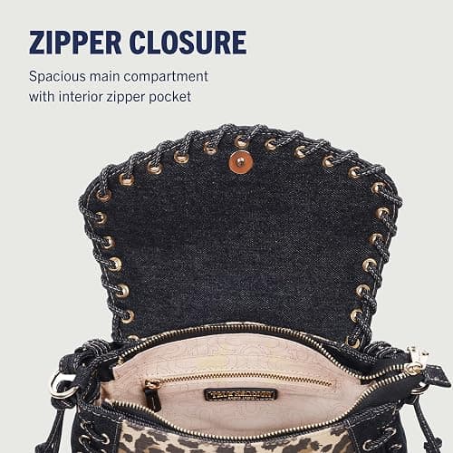 True Religion Denim Eyelet Trim Flap Bag | Studded Lace-Up Crossbody Shoulder Handbag with Horseshoe Logo, Leopard thumbnail 6