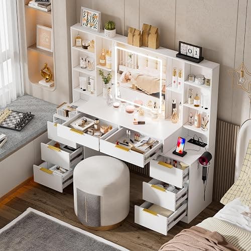 FURNJOYLIFE White Makeup Vanity Desk with Lighted Mirror & Power Outlet,3 Color Modes, Brightness Adjustable,Vanity Table with Drawer,Sliding 2 Storage Wall-Mounted Jewelry (Pure White) thumbnail 3