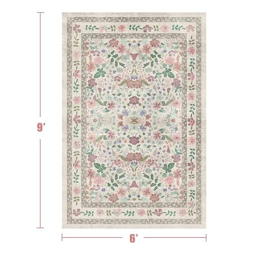 Boho Floral Area Rug 6x9 for Living Room- Deerly Vintage Large Washable Non-Slip Bedroom Carpet Soft Low Pile Thin Floor Mat Indoor for Dining Room Playroom Nursery Farmhouse, Beige/Light Pink/Multi thumbnail 2