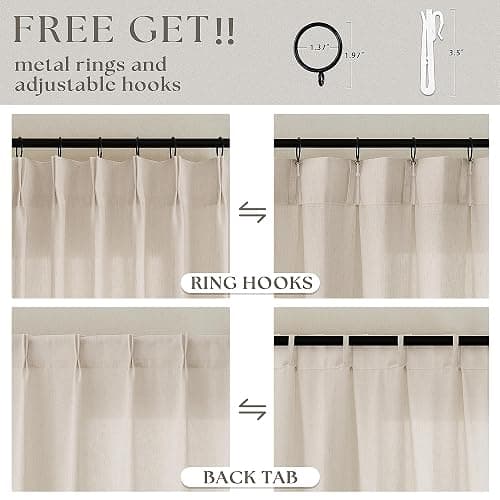 Extra Wide Beige Pinch Pleated Linen Curtains 108 Inches Long 72 Inch Wide for Living Room Light Filtering Semi Sheer Window Drapes with Hooks Rings for Patio Sliding Glass Door 1 Panel 72x108 thumbnail 6