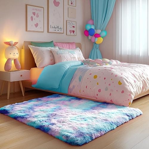 PAGISOFE Cute Furry Pastel Rug for Girls Bedroom, Soft Purple Shag Tent Rugs for Livingroom, Kids Room, Playroom, Nursery, Home Decor, Plush Mermaid Kawaii Rug, Fluffy Fuzzy Carpet, 4x6 Area Rug - 4x6 Feet - Rainbow Purple thumbnail 8