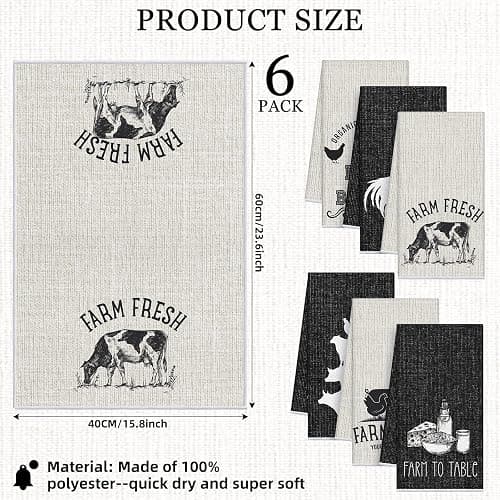 Redbaker 6 Pcs Farm Animal Kitchen Towels Farmhouse Funny Dish Towel Rustic Hand Towels Rooster Cow Pig Decorative Tea Dishcloth Absorbent with Hanging Loop for Kitchen Bathroom Housewarming Gift thumbnail 3