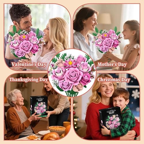 Pink Rose Bouquet Flowers Building Set, 834Pcs Roses Artificial Flowers Botanical Collection Compatible with Lego Flowers for Adults Christmas Anniversary Valentines Day Gifts for Mom Her Women thumbnail 7