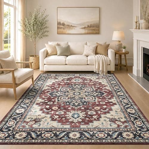 Homaxy Vintage Rugs Living Room Washable Anti Slip Large Rug Low Pile Boho Lounge Carpet for Bedroom, Nursery, Kitchen - 160 x 220 cm, Retro Red/Beige thumbnail 2