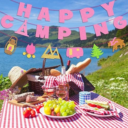 Kristin Paradise Happy Camping Banner, Glamping Party Sign Decorations for Girl, Pink Camper Theme Supplies, Camp Birthday Themed Decor thumbnail 2