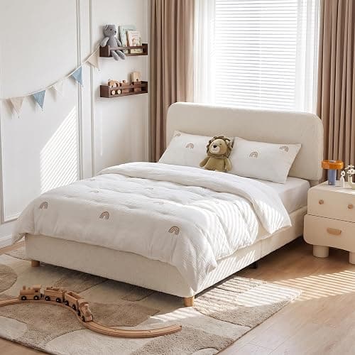 BERRY NEST Full Size Cloud Bed Frame, Upholstered Boucle Bed Frame with Adjustable Headboard, Solid Wood Legs, Rounded Corners Design & Easy Assembly – Modern Platform Bed,Cream thumbnail 8