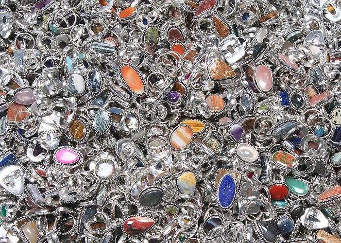 Carats Chunky Silver Rings Pack for Women - 10 Pcs - Stackable Fashion Ring Set, Silver Plated Statement Knuckle Handmade Gemstone Gothic Vintage Rings for Women thumbnail 5