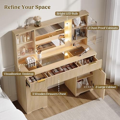 Fluted Makeup Vanity Desk with Mirror and Lights, Glass Top 48" Wood Vanities w/Charging Station , Dressing Table w/3 Drawers & 2 Large Storage Cabinets, Dustproof Organizer for Bedroom Gift(Natural) thumbnail 3