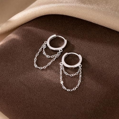 Reffeer Solid 925 Sterling Silver Tassel Chain Drop Dangle Small Hoop Earrings Huggie for Women Teen thumbnail 5