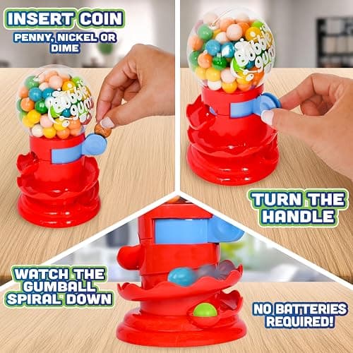 Toymendous Gumball Machine for Kids with Gumballs - Bubble Gum Mini Candy Dispenser | Piggy Bank for Kids - Receive Red or Yellow Machine Colors May Vary thumbnail 3