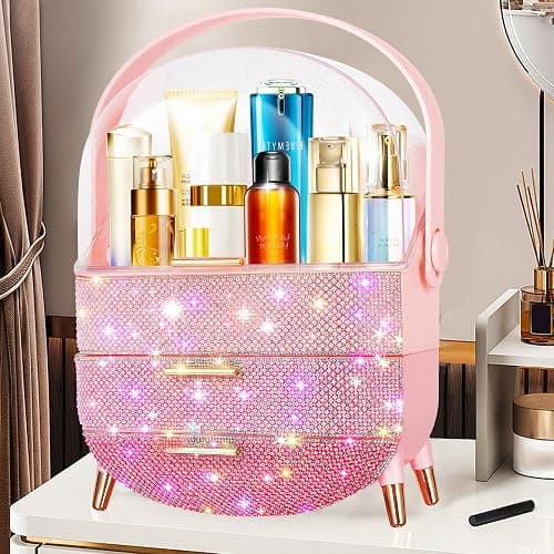 Bling Makeup Organizer for Teen Girl Gift,Hollywood Vanity Makeup Storage Box for Girl Birthday Gift,Practical Gift for Daughter,Bathroom Organizer,Skincare Organizer (Triple Pink) thumbnail 2