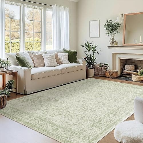 BILEEHOME Sage Green Rug for Nursery Baby Girl,Boho Floral Washable Soft Faux Wool Cottagecore Area Rugs for Living Room Bedroom,5 x7,Light Green - 5' x 7' (Rectangular) - Sage Green - Image 1