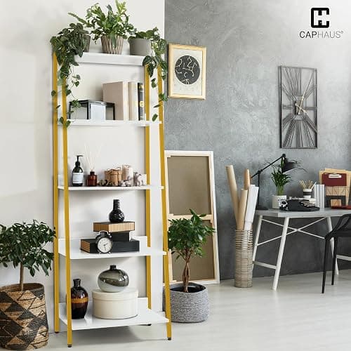 CAPHAUS 5 Tier Ladder Bookshelf, 24 Inch Width Free Standing Shelf, Bookcase Shelf Storage Rack Organizer, Industrial Book Shelves for Home Office, Living Room, Kitchen, White Shelves & Gold Frame thumbnail 4