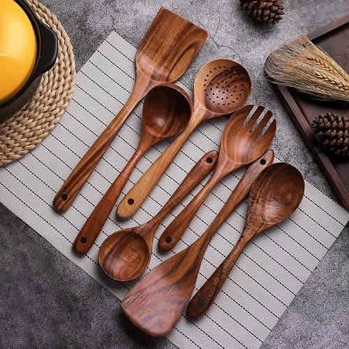 Wooden Non-Stick Kitchen Pan Toolset 7 Pieces Set,100% Natural Teak Kitchen Utensils Spatula, Wooden Cooking Utensils Spoons, Fried Spatula and Salad Fork thumbnail 2