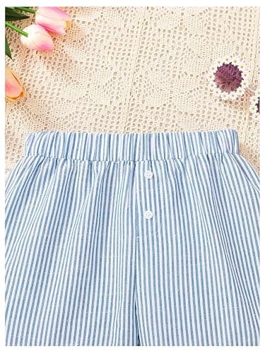COZYEASE Girl's Striped Button Front Mini Shorts Elastic Waist Wide Leg Summer Shorts thumbnail 4