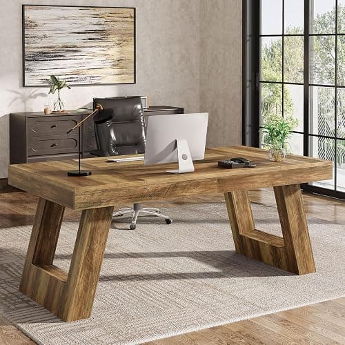 Tribesigns 63 Inches Wood Executive Desk, Large Home Office Computer Desk with Double Pedestal, Industrial Study Writing Table, Business Workstation for PC Laptop, Rustic Brown thumbnail 8