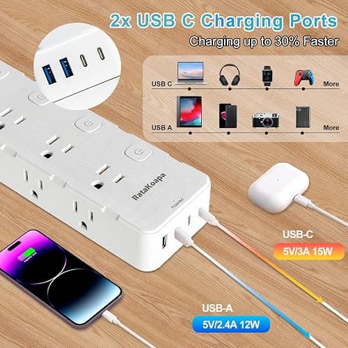 Surge Protector Power Strip 15 ft Cord - 8 Widely AC Outlets 4 USB (2 USB C), Flat Plug Extension Cord with Individual Switches, Wall Mount, Desk Charging Station for Home Office, 1400J thumbnail 6