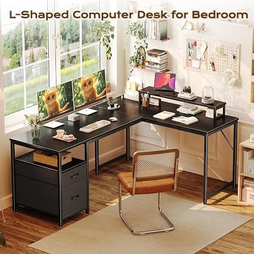 PRAISUN 55 Inch L Shaped Desk with Power Outlets and USB-C Port, Computer Corner Home Office Desk with File Fabric Drawers and Movable Monitor Stand, Larger Storage for Gaming, Work, Black thumbnail 3