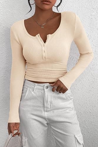 PRETTYGARDEN Women's 2025 Spring Fall Long Sleeve Henley T Shirts Button Ribbed Knit Slim Fit Casual Basic Tops Blouse thumbnail 8