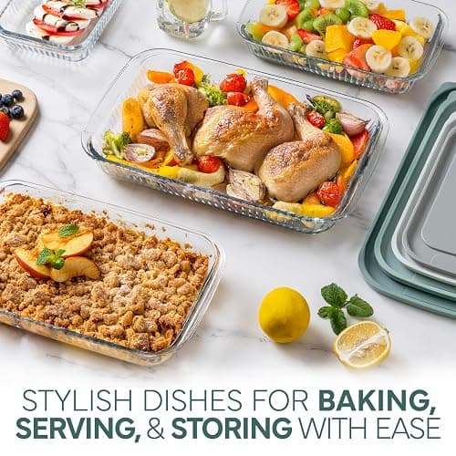 COOK WITH COLOR 8-Piece Deep Glass Baking Dish Set with Plastic Lids – Casserole and Food Storage Containers for Lasagna, Leftovers – Freezer-to-Oven, Microwave & Dishwasher Safe, Fluted Sage thumbnail 2