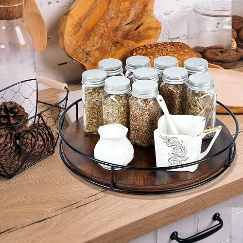 12 Inch Wood Lazy Susan, Rustic Brown Turntable Organizer with Steel Frame, 360 Degree Decorative Turntable for Countertop or Centerpieces thumbnail 6