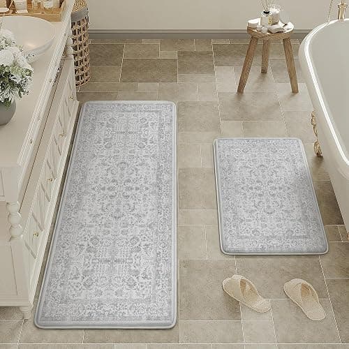 PureCozy Kitchen Mats 2PCS Anti Fatigue Cushioned Mat Gray Vintage Kitchen Mats for Floor Waterproof Non Slip Comfort Standing Grey Retro Floral Rug for Sink Laundry Office 17.3"x47"+17.3"x30" thumbnail 8