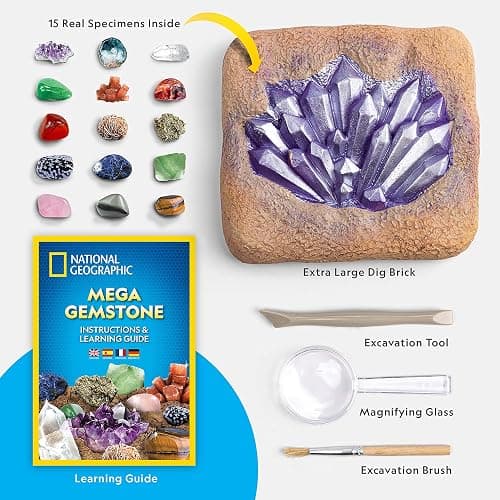 NATIONAL GEOGRAPHIC Mega Gemstone Dig Kit – Dig Up 15 Real Gemstones and Crystals, Science Kit for Kids, Gem Digging Kit, Gift for Girls and Boys, Mining Kit, Rock Collection thumbnail 6