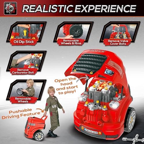 Qaba Truck Engine Toy, Kids Mechanic Set with Lights, Sounds, Steering Wheel and Horn, Pretend Car Service Station Play with 61-Piece Included, Toy Engine Building Kit for Kids Aged 3+, Red thumbnail 4
