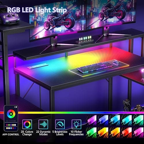 Korfile 48 Inch Gaming Desk with LED Lights & Power Outlets,Computer Desk with Fabric Drawers & Side Hook,Reversible Gamer Table with Monitor Stand for Game Room,Home Office,Carbon Fiber Black thumbnail 4
