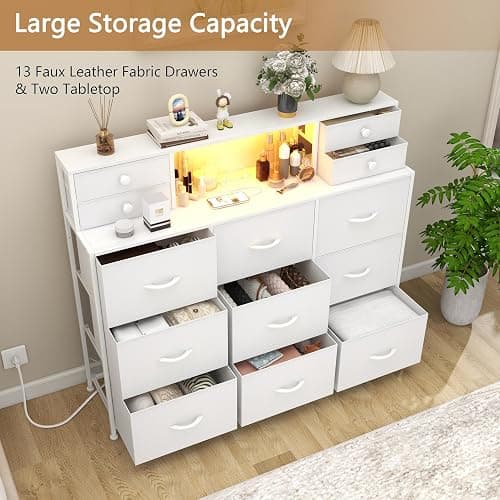 Welfuturer White Dressers for Bedroom with Power Outlets and LED Lights 13 Drawers Dresser Faux Leather Fabric Chest of Drawers for Bedroom Living Room Hallway Entryway Closets Sturdy Frame Wood Top - White thumbnail 6