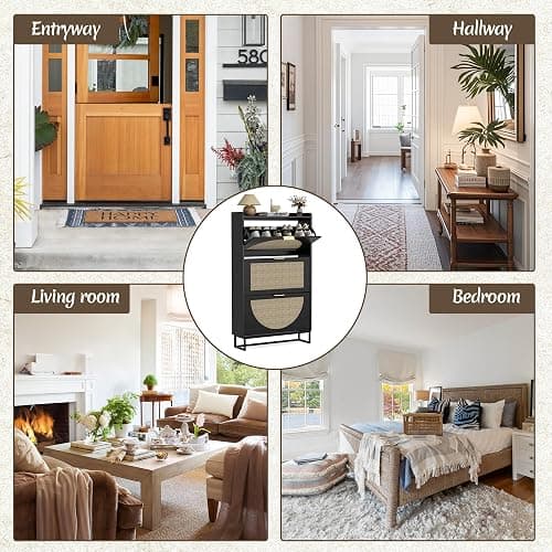 BonVache Rattan Shoe Storage Cabinet Black with Adjustable Shelves, Storage Unit for Hallway, Wooden Shoe Organiser with 3 Flip Drawers, Entryway and Living Room thumbnail 6