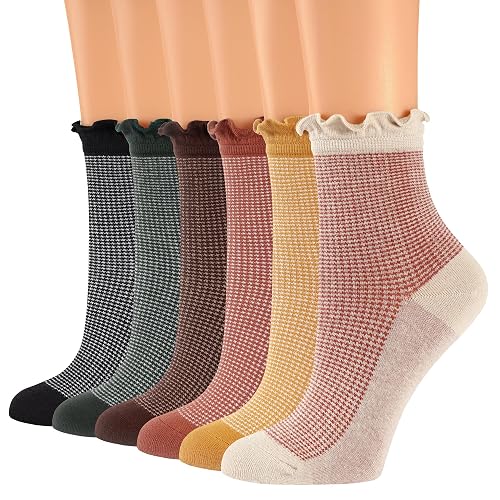 Qqmump Women Ruffle Socks, Cotton Retro Frilly Striped Socks, Cute Checkered Ankle Sock for Women, Vintage Casual Dress Sock - Image 1