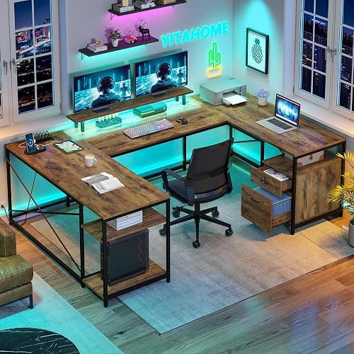 YITAHOME U Shaped Desk with Power Outlets & LED Lights, 79" Reversible L Shaped Desk with Drawers, Corner Computer Desk Office Desk with Monitor Stand & Storage Shelves, Rustic Brown - Image 1
