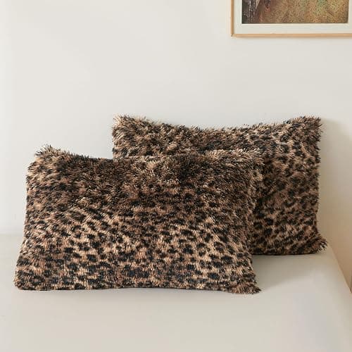 XeGe Fluffy Faux Fur Cheetah Print Pillowcases, Set of 2 Plush Fuzzy Leopard Print Long Bed Pillow Covers, 20x26 Shaggy Furry Pillow Shams with Zipper Bed Couch Sofa, Brown and Black, Standard Size - Image 1