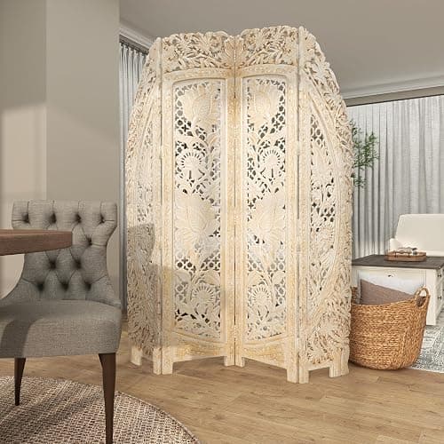 Deco 79 Wood Floral Handmade Foldable Arched Partition 4 Panel Privacy Screen with Intricately Carved Designs, Room Divider 60" x 2" x 72", White thumbnail 9