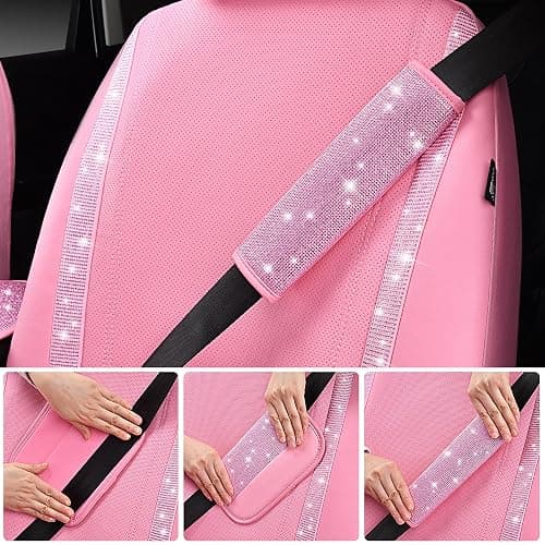 CAR PASS 24 PCS Pink Bling Diamond Accessories Set for Women, Leather Seat Covers, 15'' Steering Wheel Cover, Shining Rhinestone Sparkly Hooks, Coasters, Cute Interior Decorations thumbnail 6
