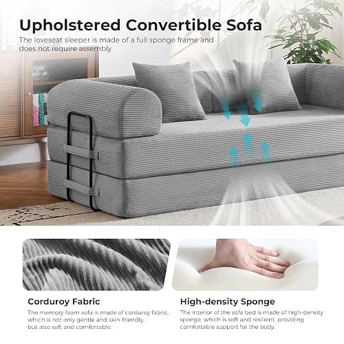Bsxupke 79" 5-in-1 Convertible Sofa Bed No Assembly, Boneless Couch Bed with High Density Foam, Foldable Sleeper Sofa, Corduroy Modular Couch for Apartment, Studio, Dorm Room, Small Space, Light Grey thumbnail 4