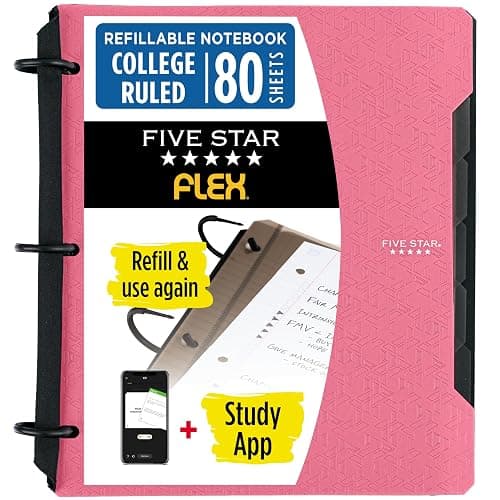 Five Star Flex Refillable Notebook + Study App 1.5 Inch O-Rings Binder with Pockets Tabs and Dividers, 300 Sheet Capacity, Includes 80 Sheets 8.5" x 11" College Ruled Paper, Prom Pink (293240R) - Image 1