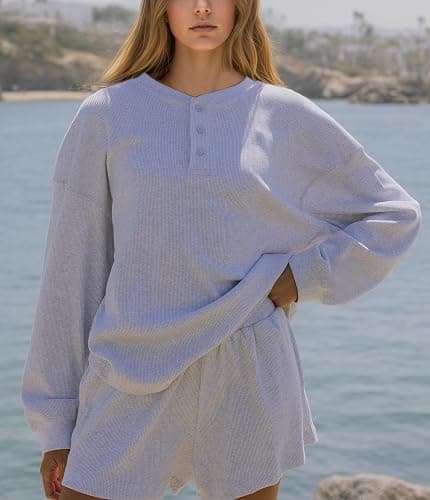 MISSACTIVER Waffle Knit Lounge Sets for Women Long Sleeve Oversized Sweatshirt Elastic Waist Shorts Fall 2 Piece Matching Set thumbnail 2
