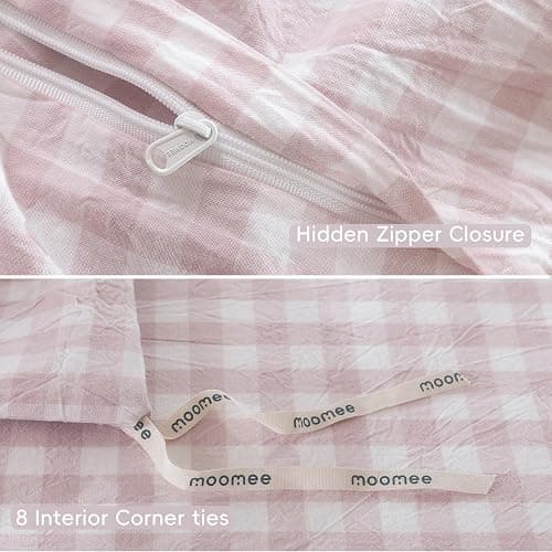 MooMee Gingham Duvet Cover Set 100% Washed Cotton Linen Like Textured Breathable Durable Soft Comfy Modern Checkered Design (Classic Gingham Greyish Pink, Queen 90"x90") thumbnail 8