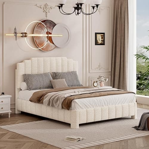 HDDDZSW Queen Bed Frame with Adjustable Headboard, Upholstered Platform Bedframe, Boucle Queen Size Bed Frame, Solid Wood Slats Support White Bed Frame for Bedroom, No Box Spring Needed thumbnail 5