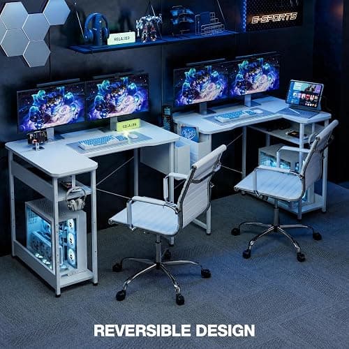 Acrolix L Shaped Gaming Desk 48 Inch - Computer Corner Desk with Power Outlets, Reversible Shelves & Storage Bag for Home Office, PC Gaming Table, White Carbon thumbnail 4