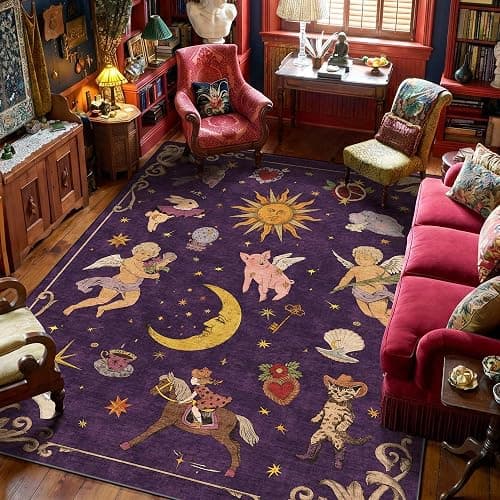 8x10 Celestial Sun Moon Unique Plum Dark Purple Soft Washable Area Rug | Low Pile Non-Slip Carpet with Vintage Whimsical Boho Decorative Pattern; Cottagecore Style for Living Rooms or Large Bedrooms - Image 1