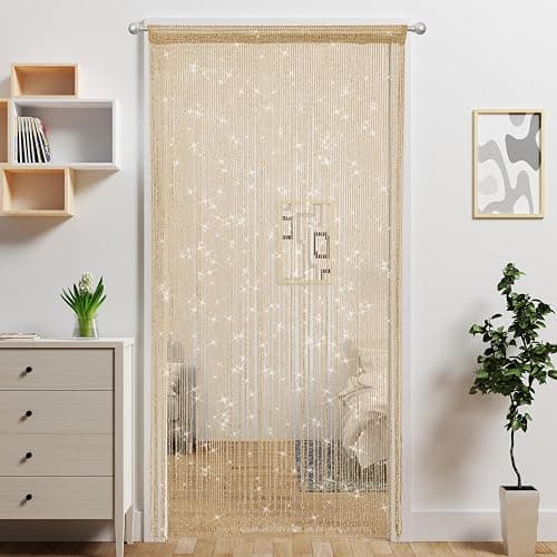 Atsweetlife Door String Curtain Doorway Beads Curtains,Hanging Room Divider Beaded Decor Hippie Glitter Fringe Panel Closet Window Doors Sequin Sheer Boho Doors Tassel (Champagne) - Image 1