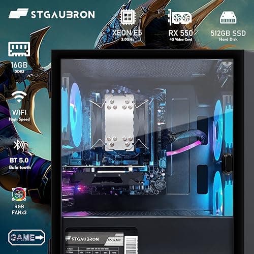 STGAubron Gaming PC Desktop Computer, Intel i7 Xeon E5 3.0GHz, Radeon RX 550 4G, 16GB RAM, 512GB SSD, 600M WiFi, BT 5.0, RGB Fan x3, Windows 11 Home thumbnail 3