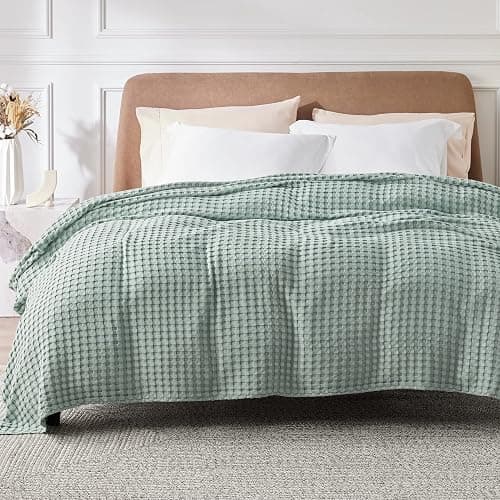 Bedsure Cooling Cotton Waffle King Size Blanket - Lightweight Breathable Blanket of Rayon Derived from Bamboo for Hot Sleepers, Luxury Throws for Bed, Couch and Sofa, Sage Green, 104x90 Inches thumbnail 2