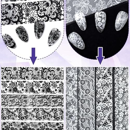 DC,CLISENCE 20 Sheets Lace Nail Foil, Lace Foil for Nails, Laces Nail Stickers, Transfer Nail Art for DIY Nails Women (Black+White) thumbnail 4