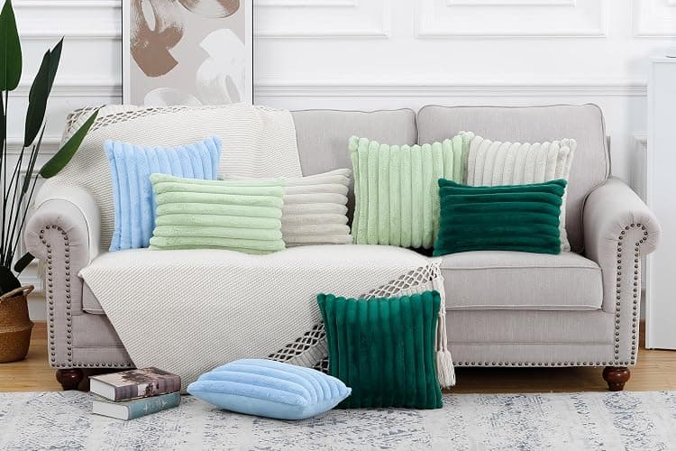 MADIZZ Set of 2 Faux Wool Plush Decorative Throw Pillow Covers 12x20 Inch Light Blue Fluffy Striped Soft Decorative Cushion Cover for Sofa Bedroom Pillow Shell - Light Blue - 20" x 12" (Pack of 2) thumbnail 6